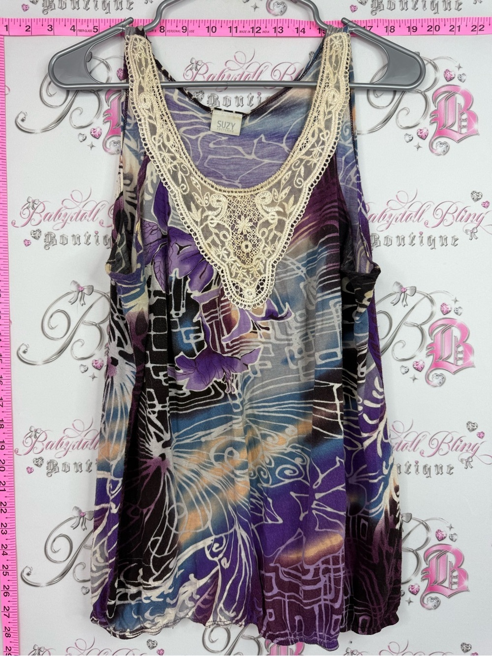 Suzy Shier tank top crochet swirl Purple Floral Lace-Trim Tank Top